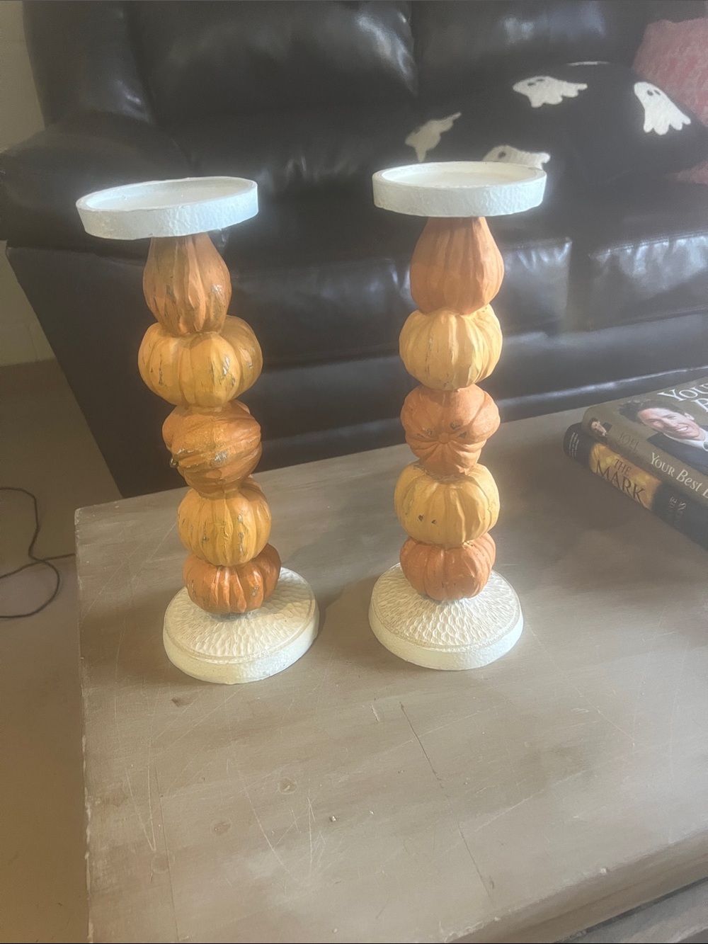 Autumn Pumpkin Stack Candlestick Pair - Orange and Cream